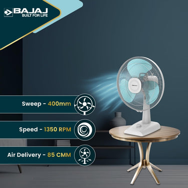 Bajaj Armor Series Fuzion 400mm Table Fan – DuraBreeze Pro Technology, 100% Copper Motor, White BlueTint