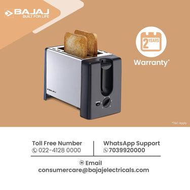 Bajaj ATX 3 750-Watt Pop-up Toaster, 2-Slice Automatic Pop up Toaster, Black and Silver 2 year warranty
